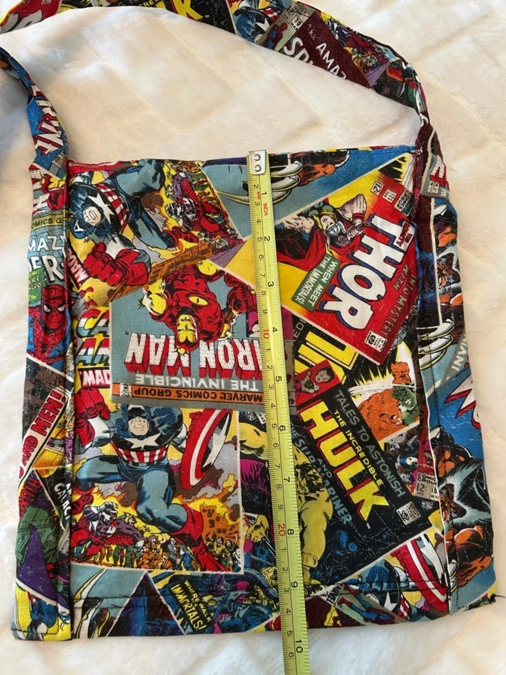 Marvel Comic Collage Fabric Crossbody Bag in Red, Yellow, Blue